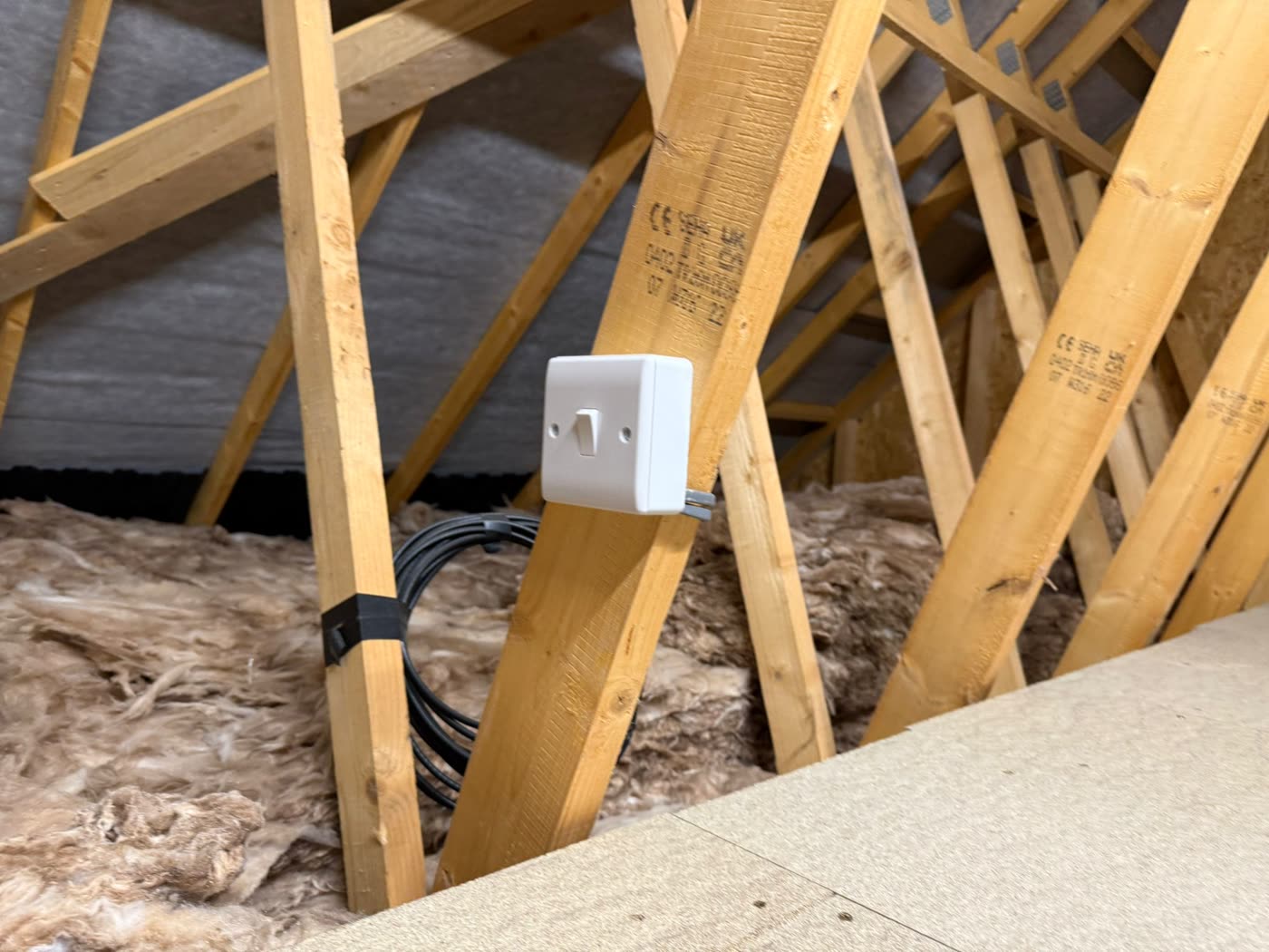 Loft lighting and tidy cabling fitted during a boarding job